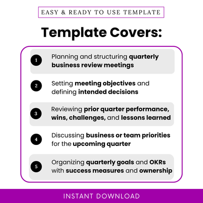 Quarterly planning agenda template highlights including business review planning, setting meeting objectives, reviewing performance, defining priorities, and organizing quarterly goals with OKRs and success metrics