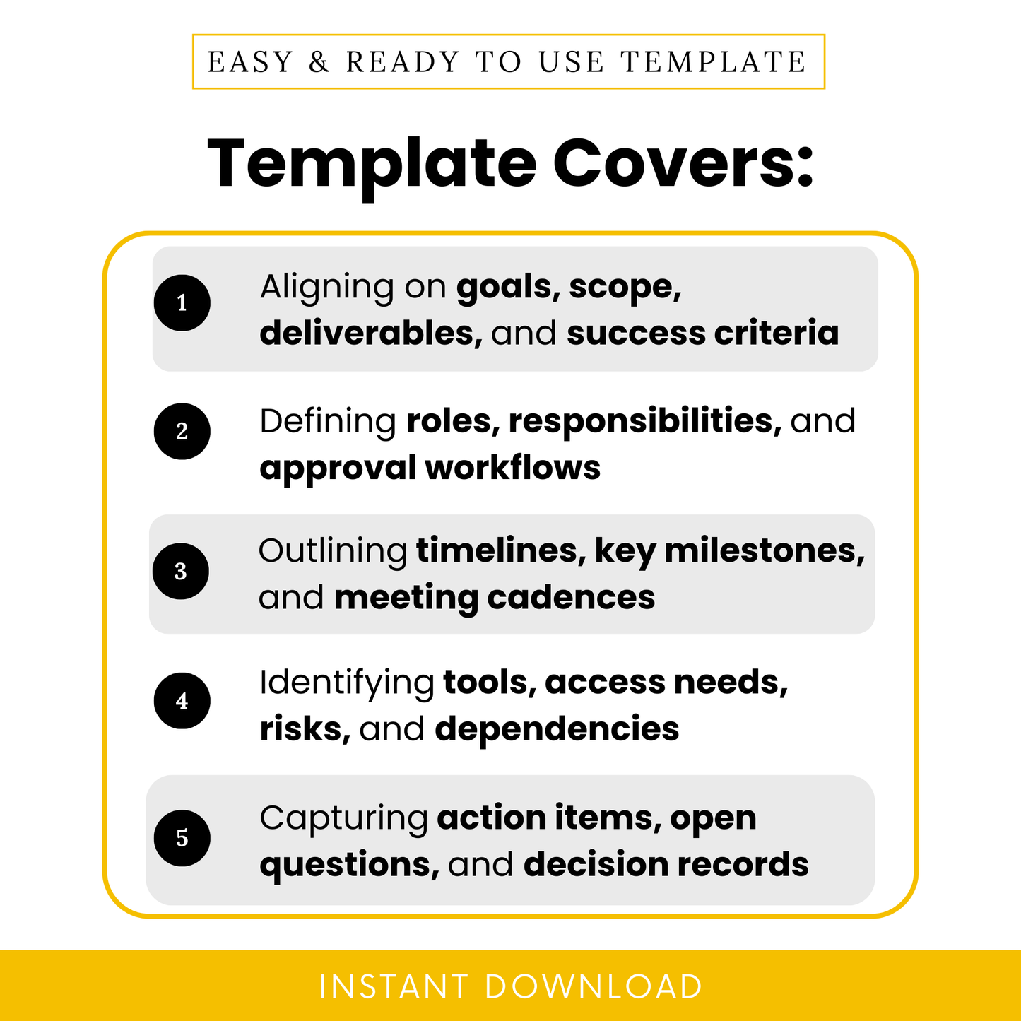 Simple visual breakdown showing how the consulting project meeting agenda template helps align goals, define roles, plan timelines, identify risks, and capture key decisions during a project kick-off meeting