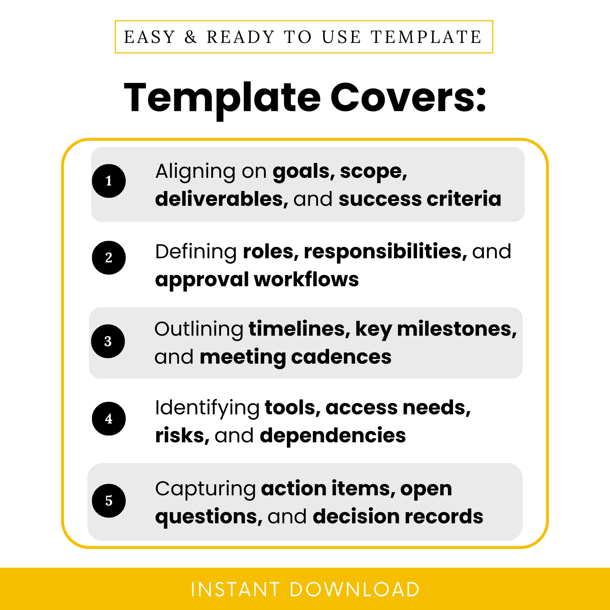 Simple visual breakdown showing how the consulting project meeting agenda template helps align goals, define roles, plan timelines, identify risks, and capture key decisions during a project kick-off meeting