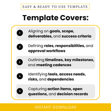 Simple visual breakdown showing how the consulting project meeting agenda template helps align goals, define roles, plan timelines, identify risks, and capture key decisions during a project kick-off meeting