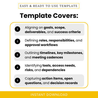 Simple visual breakdown showing how the consulting project meeting agenda template helps align goals, define roles, plan timelines, identify risks, and capture key decisions during a project kick-off meeting