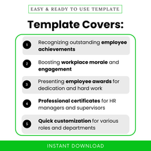 Employee recognition certificate template uses including staff achievements awards, workplace morale boost, employee appreciation, HR professional certificates, customizable for departments