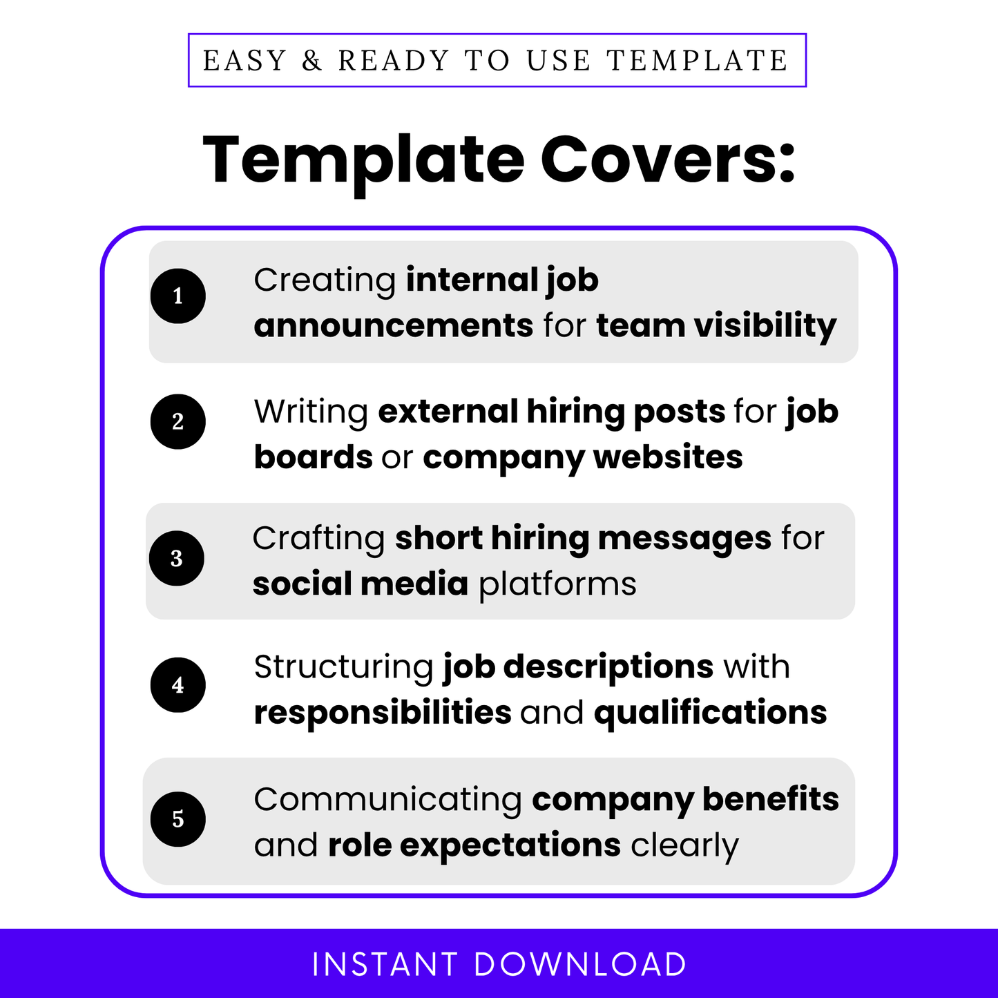 Hiring template features overview showing internal job announcements, external hiring posts, social media job ads, and structured job description sections for recruiters and businesses