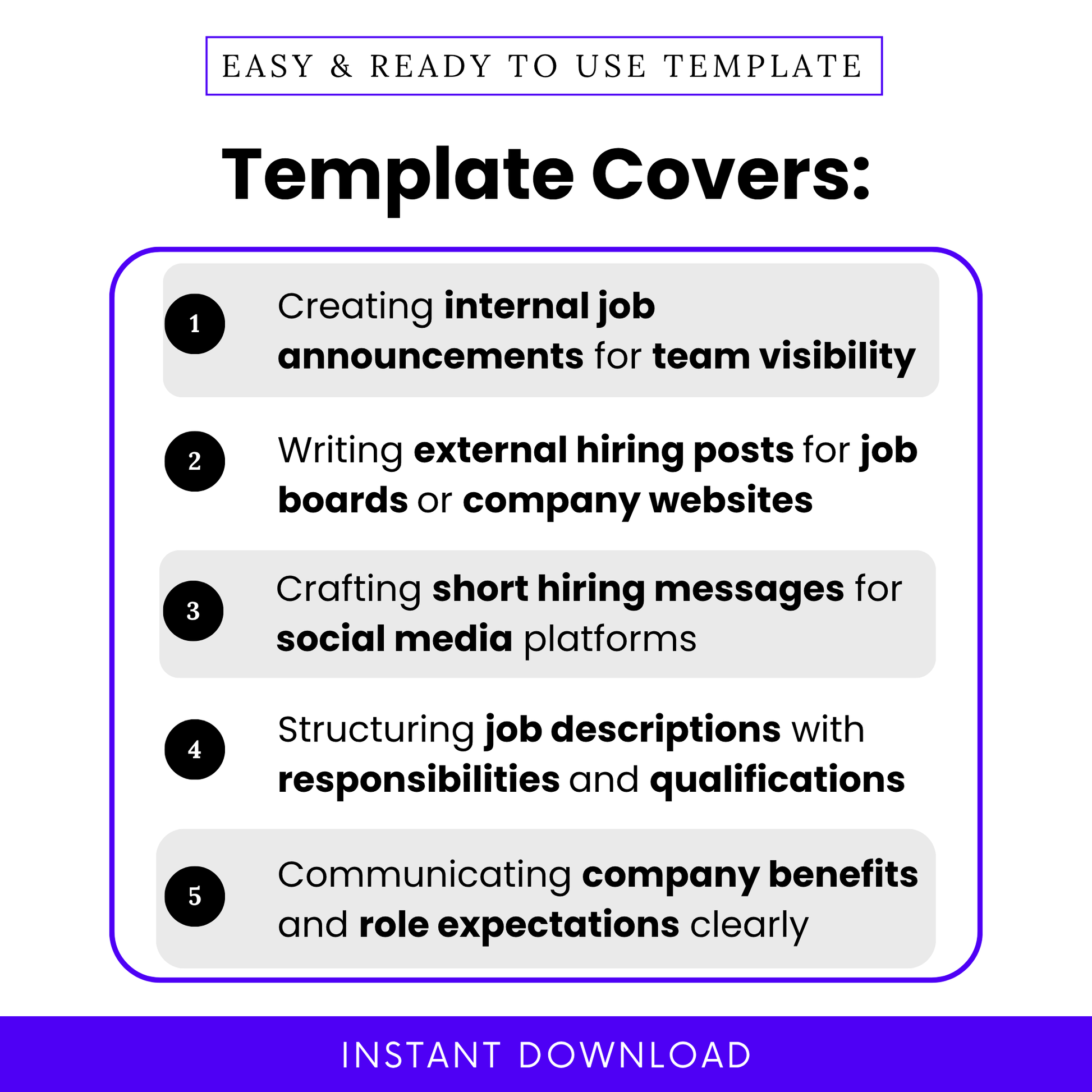 Hiring template features overview showing internal job announcements, external hiring posts, social media job ads, and structured job description sections for recruiters and businesses