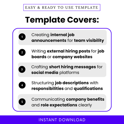 Hiring template features overview showing internal job announcements, external hiring posts, social media job ads, and structured job description sections for recruiters and businesses