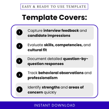 Interview template features list showing candidate feedback, skills evaluation, behavioral observations, hiring decision support, structured interview process document