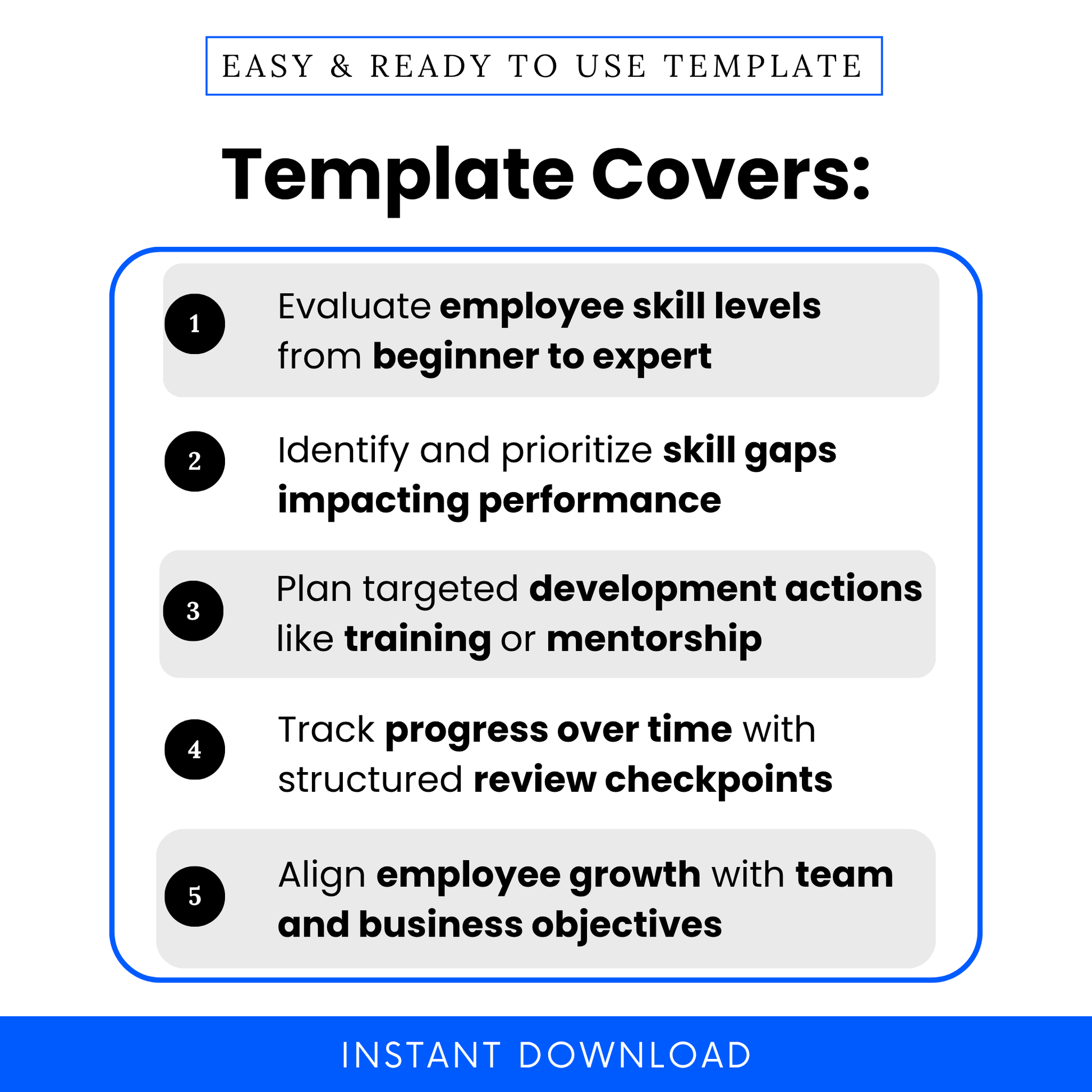 Employee skills matrix template features infographic showing skill assessment, gap analysis, development planning and progress tracking for HR and team management use