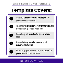 Overview of what the Receipt Template covers: issuing professional receipts, recording customer information, detailing products or services sold, calculating totals and taxes, and providing proof of payment. Includes numbered list on a clean layout with instant download banner.