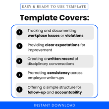 List of what the Employee Discipline Form covers, including documenting workplace issues, setting expectations, creating written records, and promoting consistency and accountability.