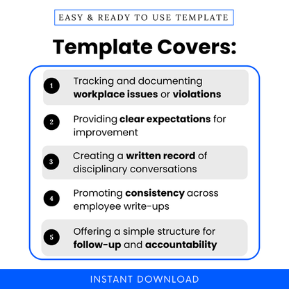 List of what the Employee Discipline Form covers, including documenting workplace issues, setting expectations, creating written records, and promoting consistency and accountability.