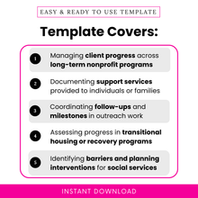 Nonprofit case management template highlighting client progress tracking, support services documentation, milestone follow-up planning, housing program tracking, and intervention planning for social workers