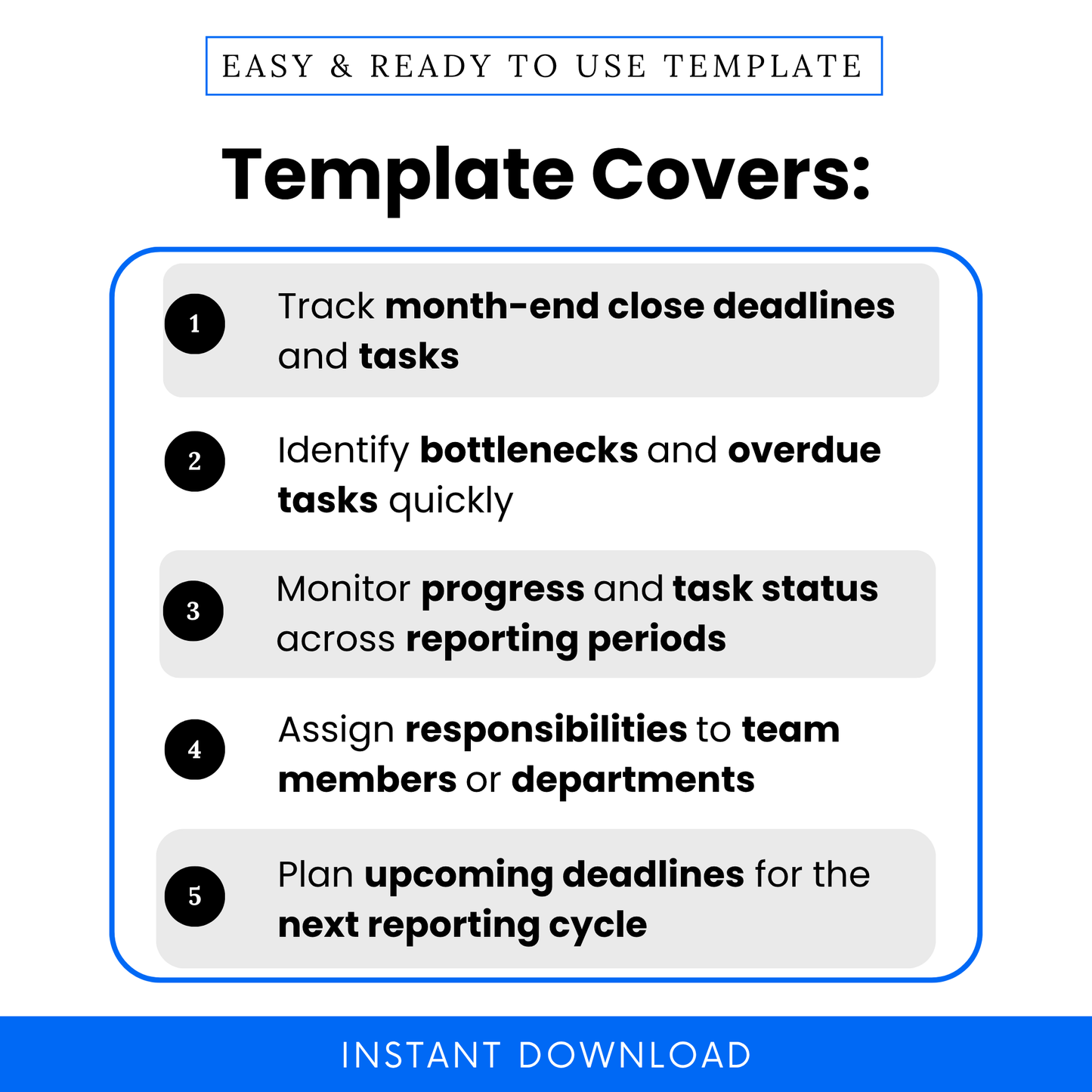 Bookkeeping template features infographic showing month-end close task tracking, deadline management, bottleneck identification, progress monitoring, accounting workflow planner for bookkeepers