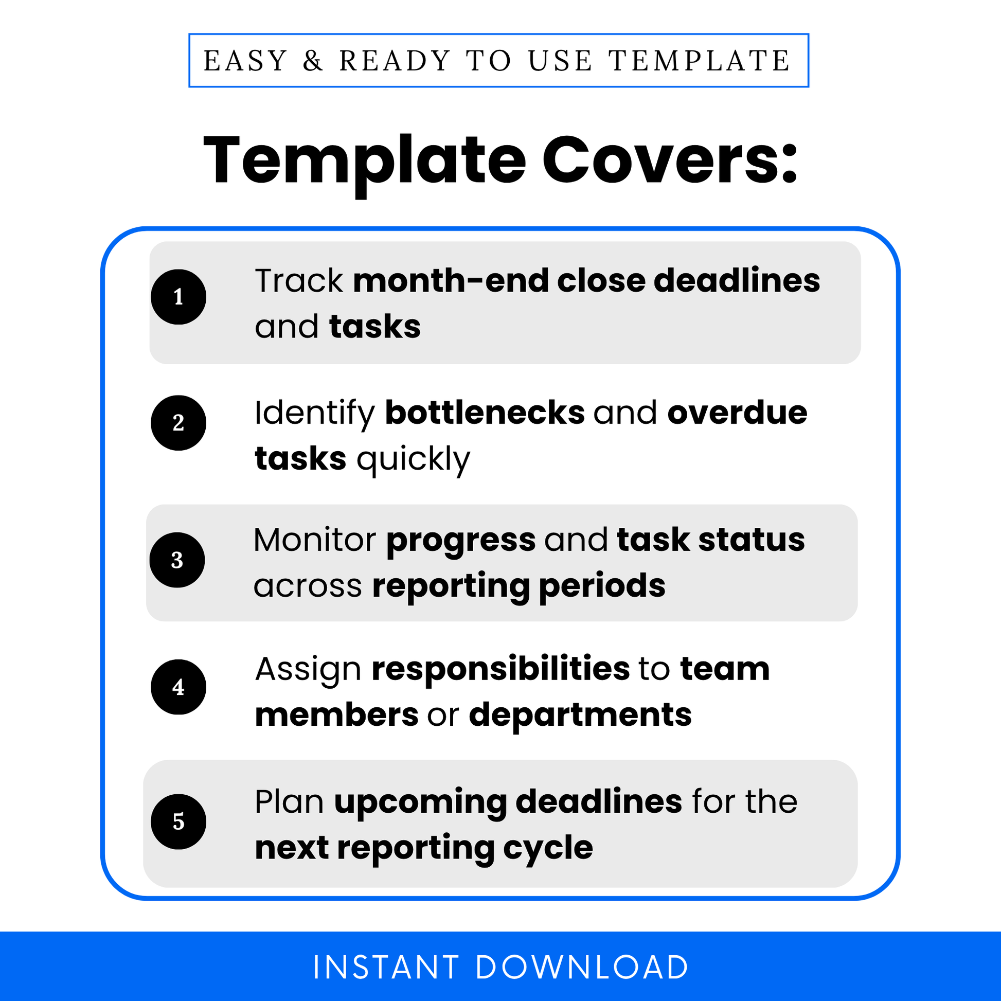 Bookkeeping template features infographic showing month-end close task tracking, deadline management, bottleneck identification, progress monitoring, accounting workflow planner for bookkeepers