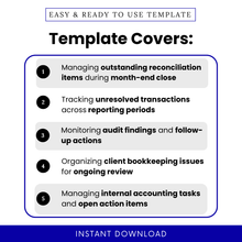 Bookkeeping template covers managing outstanding reconciliation items, tracking unresolved transactions, monitoring audit findings, organizing client bookkeeping issues, and managing internal accounting tasks for month end close