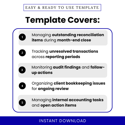 Bookkeeping template covers managing outstanding reconciliation items, tracking unresolved transactions, monitoring audit findings, organizing client bookkeeping issues, and managing internal accounting tasks for month end close
