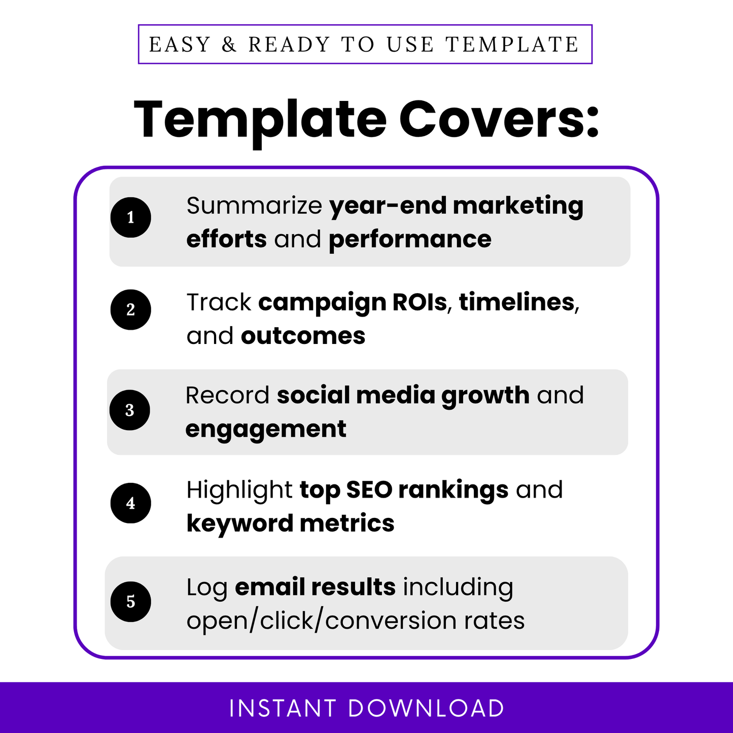 Simple Annual Marketing Report Template highlighting key use cases like tracking campaign ROI, social media growth, and SEO performance. This editable Annual Marketing Report Template PDF is perfect for marketing professionals needing a structured and easy-to-use reporting tool.