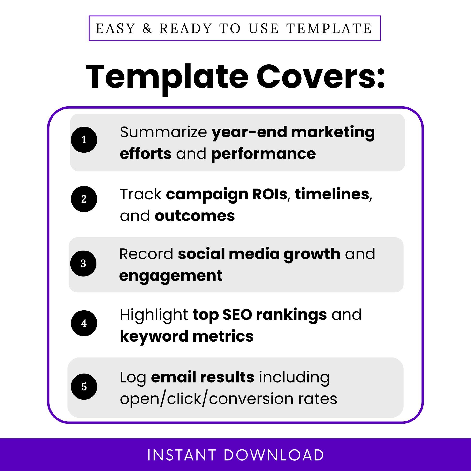Simple Annual Marketing Report Template highlighting key use cases like tracking campaign ROI, social media growth, and SEO performance. This editable Annual Marketing Report Template PDF is perfect for marketing professionals needing a structured and easy-to-use reporting tool.