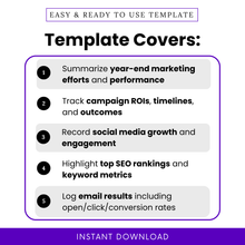 Simple Annual Marketing Report Template highlighting key use cases like tracking campaign ROI, social media growth, and SEO performance. This editable Annual Marketing Report Template PDF is perfect for marketing professionals needing a structured and easy-to-use reporting tool.