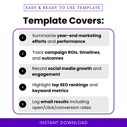 Simple Annual Marketing Report Template highlighting key use cases like tracking campaign ROI, social media growth, and SEO performance. This editable Annual Marketing Report Template PDF is perfect for marketing professionals needing a structured and easy-to-use reporting tool.