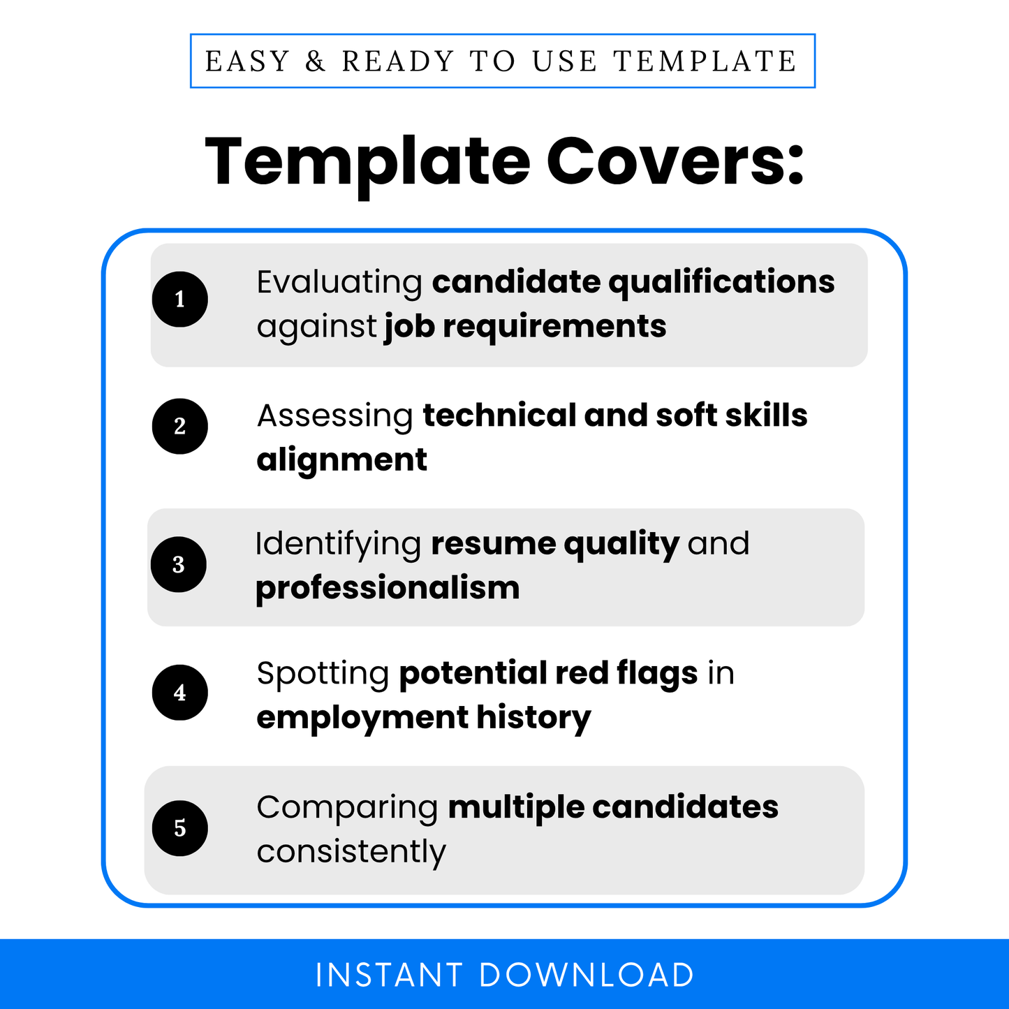 Resume screening checklist features graphic showing candidate qualification evaluation, skills assessment, resume quality review and hiring comparison tool