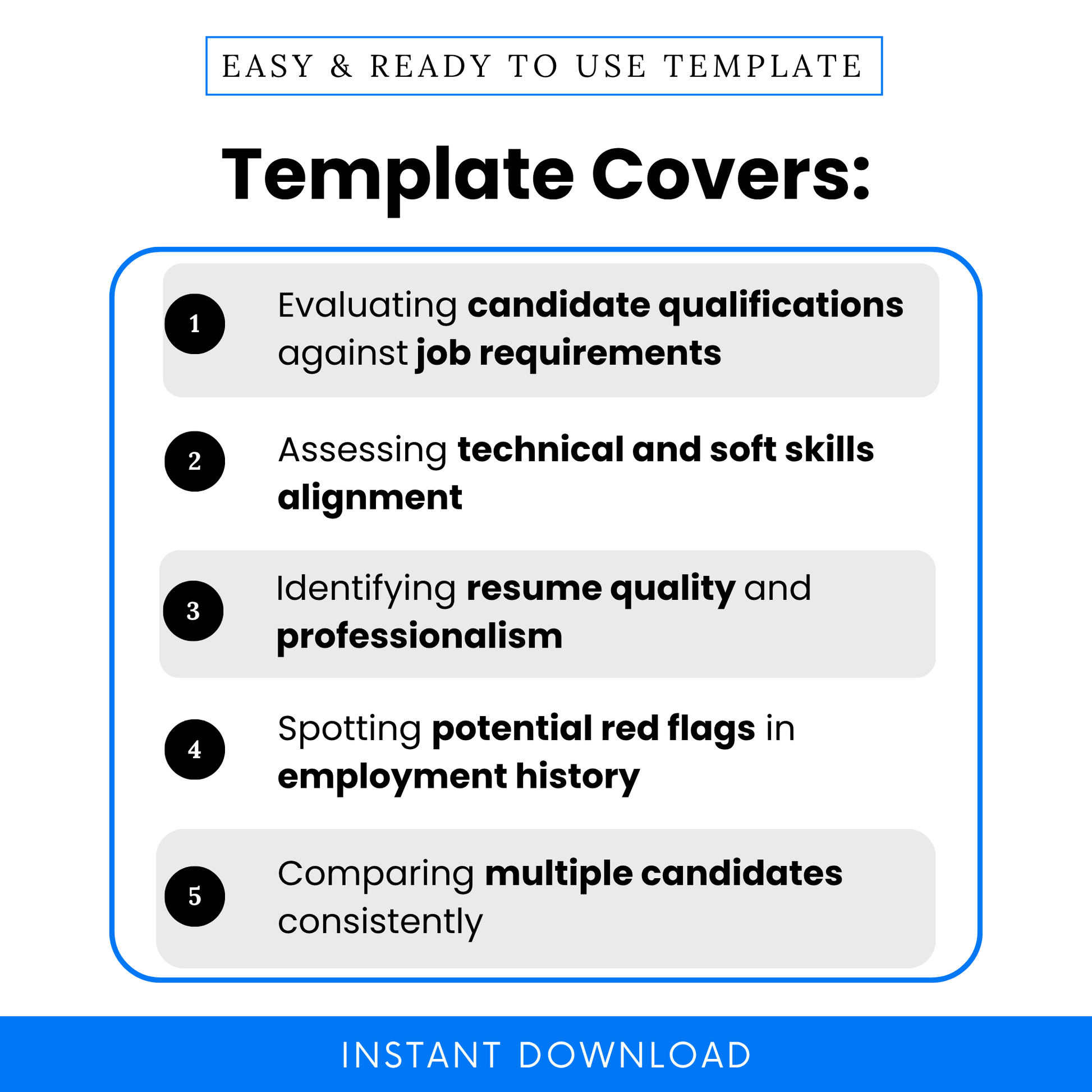 Resume screening checklist features graphic showing candidate qualification evaluation, skills assessment, resume quality review and hiring comparison tool