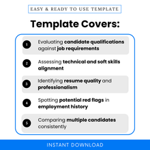 Resume screening checklist features graphic showing candidate qualification evaluation, skills assessment, resume quality review and hiring comparison tool