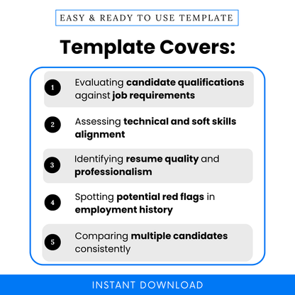 Resume screening checklist features graphic showing candidate qualification evaluation, skills assessment, resume quality review and hiring comparison tool