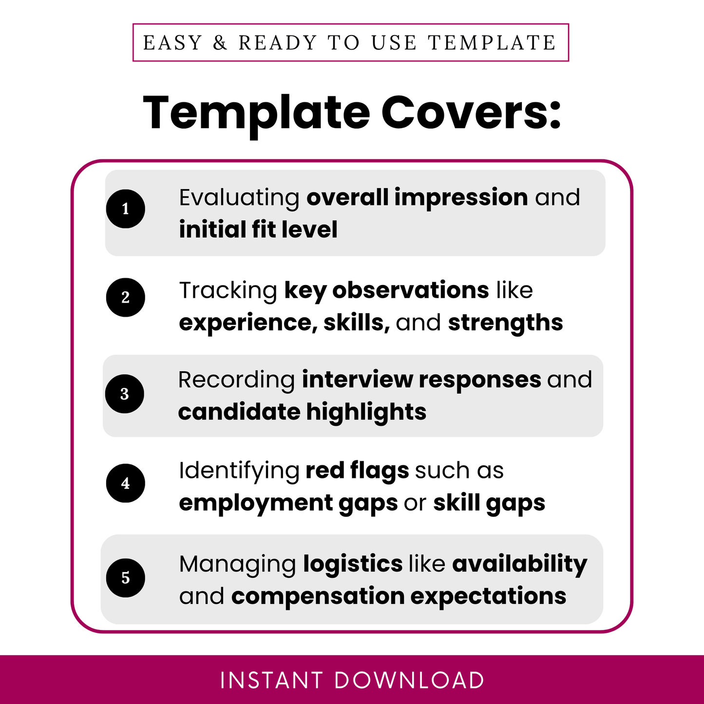 Professional hiring template highlighting key uses such as evaluating candidate fit, tracking skills and experience, recording interview responses, identifying red flags, and managing hiring logistics in a structured format