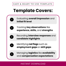 Professional hiring template highlighting key uses such as evaluating candidate fit, tracking skills and experience, recording interview responses, identifying red flags, and managing hiring logistics in a structured format