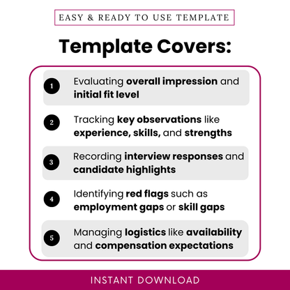 Professional hiring template highlighting key uses such as evaluating candidate fit, tracking skills and experience, recording interview responses, identifying red flags, and managing hiring logistics in a structured format