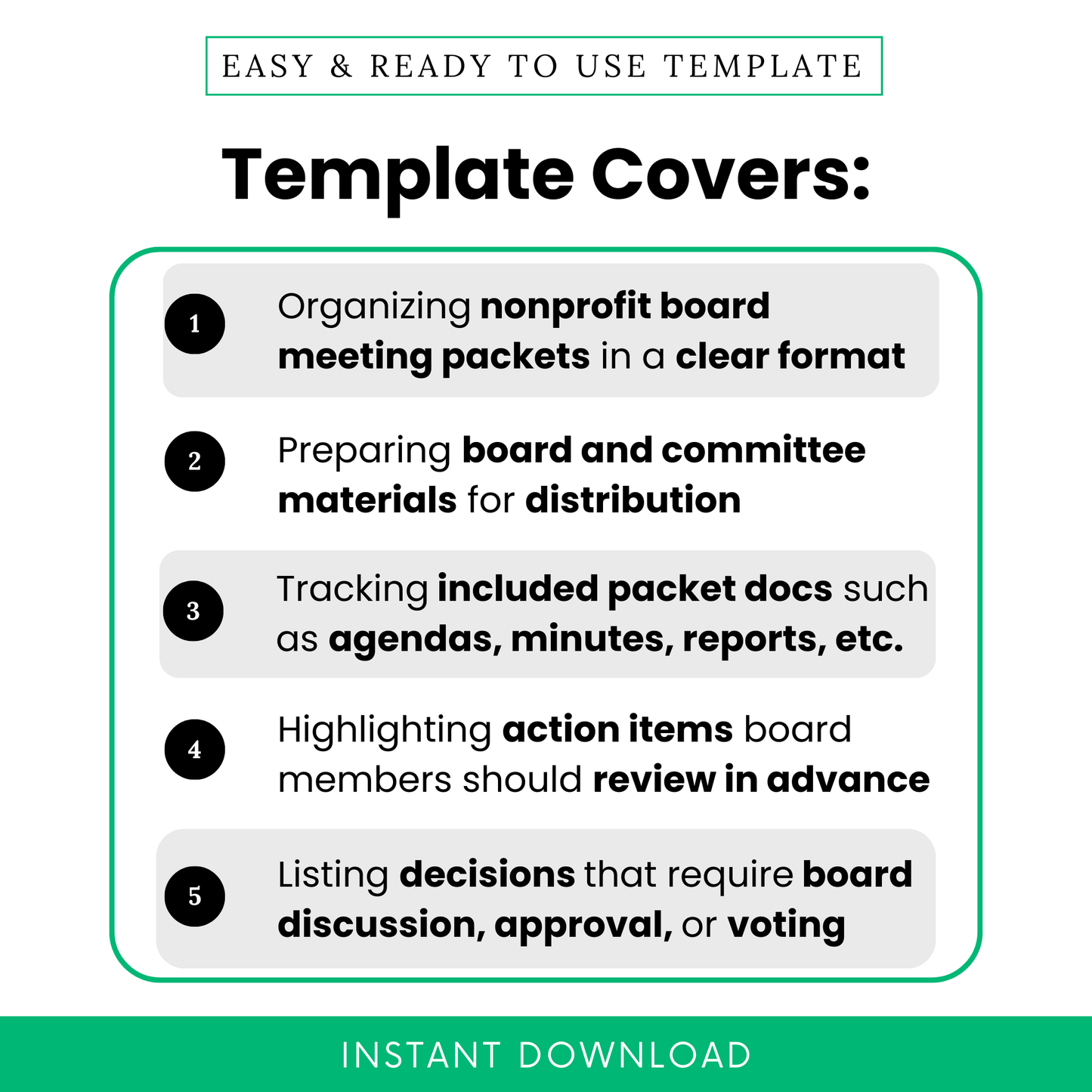 Nonprofit board packet cover template benefits graphic showing uses for organizing board meeting packets, preparing board and committee materials, tracking agendas minutes and reports, highlighting action items, and listing board decisions for review and approval