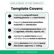 Nonprofit board packet cover template benefits graphic showing uses for organizing board meeting packets, preparing board and committee materials, tracking agendas minutes and reports, highlighting action items, and listing board decisions for review and approval