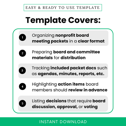 Nonprofit board packet cover template benefits graphic showing uses for organizing board meeting packets, preparing board and committee materials, tracking agendas minutes and reports, highlighting action items, and listing board decisions for review and approval