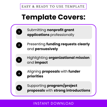 Simple Grant Cover Letter Template highlighting key use cases like submitting nonprofit grant applications and presenting funding requests clearly. This editable Grant Submission Letter Template helps organizations align proposals with funder priorities while showcasing mission and impact professionally.