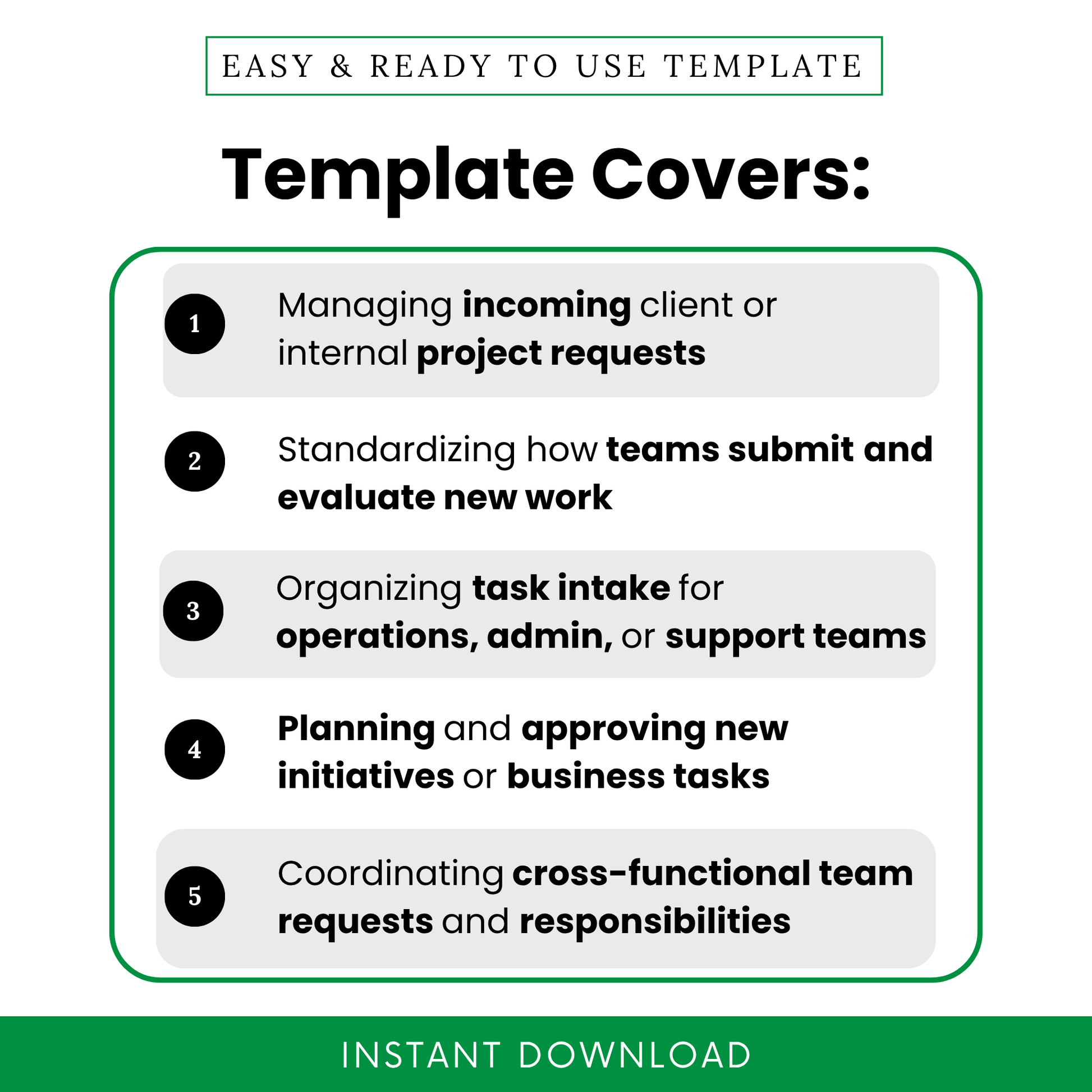 Work intake form template use cases including managing incoming project requests, team submission standardization, task intake organization, project planning, and cross-functional coordination