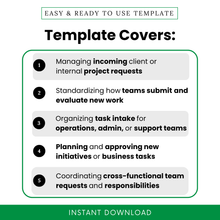 Work intake form template use cases including managing incoming project requests, team submission standardization, task intake organization, project planning, and cross-functional coordination