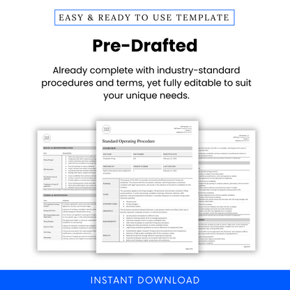 Marketing graphic displaying multiple pages of the SOP document, highlighting its professional layout and completeness for easy customization and use.