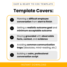 Manager difficult conversation planner features including planning employee conversations, setting realistic goals, documenting facts and evidence, avoiding communication pitfalls, and building professional scripts