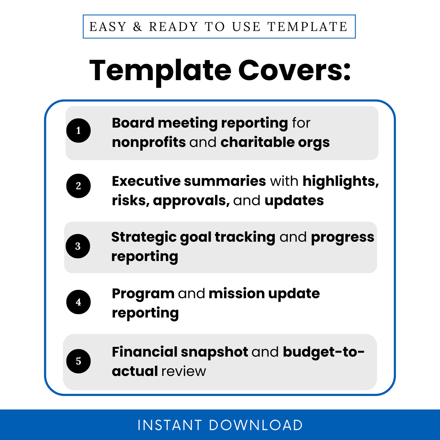 Nonprofit board report template features graphic showing board meeting reporting for nonprofits, executive summary sections, strategic goal tracking, program updates, and financial snapshot review, designed as an editable Word and printable PDF template for board reporting