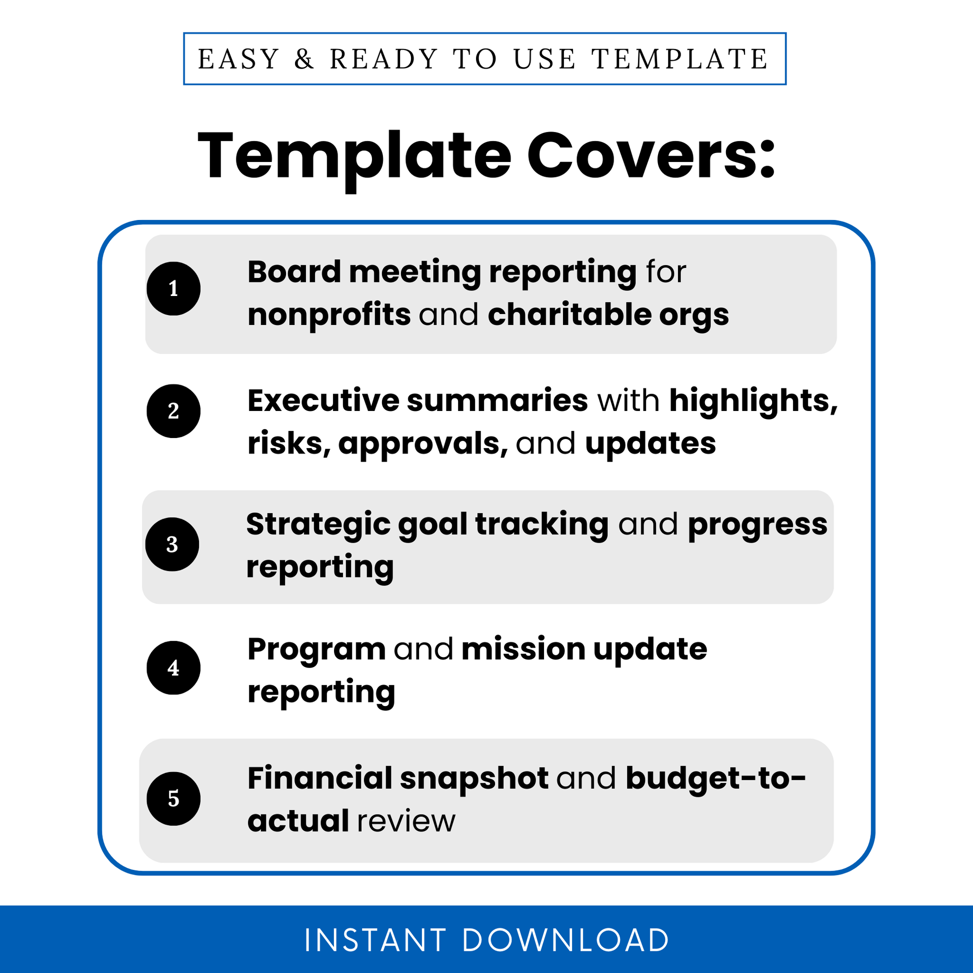 Nonprofit board report template features graphic showing board meeting reporting for nonprofits, executive summary sections, strategic goal tracking, program updates, and financial snapshot review, designed as an editable Word and printable PDF template for board reporting
