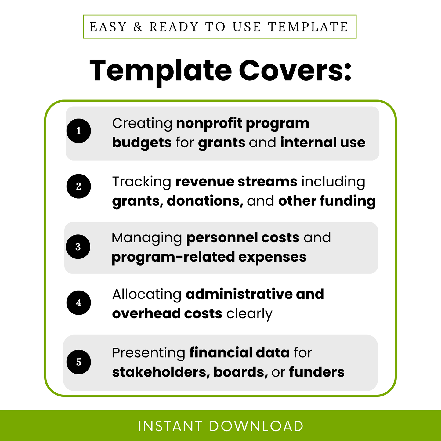 Simple Nonprofit Program Budget Template highlighting key use cases like tracking revenue streams, managing personnel costs, and preparing grant budgets. This editable Program Budget Template PDF helps nonprofits and organizations clearly present financial data for internal planning and funding applications.