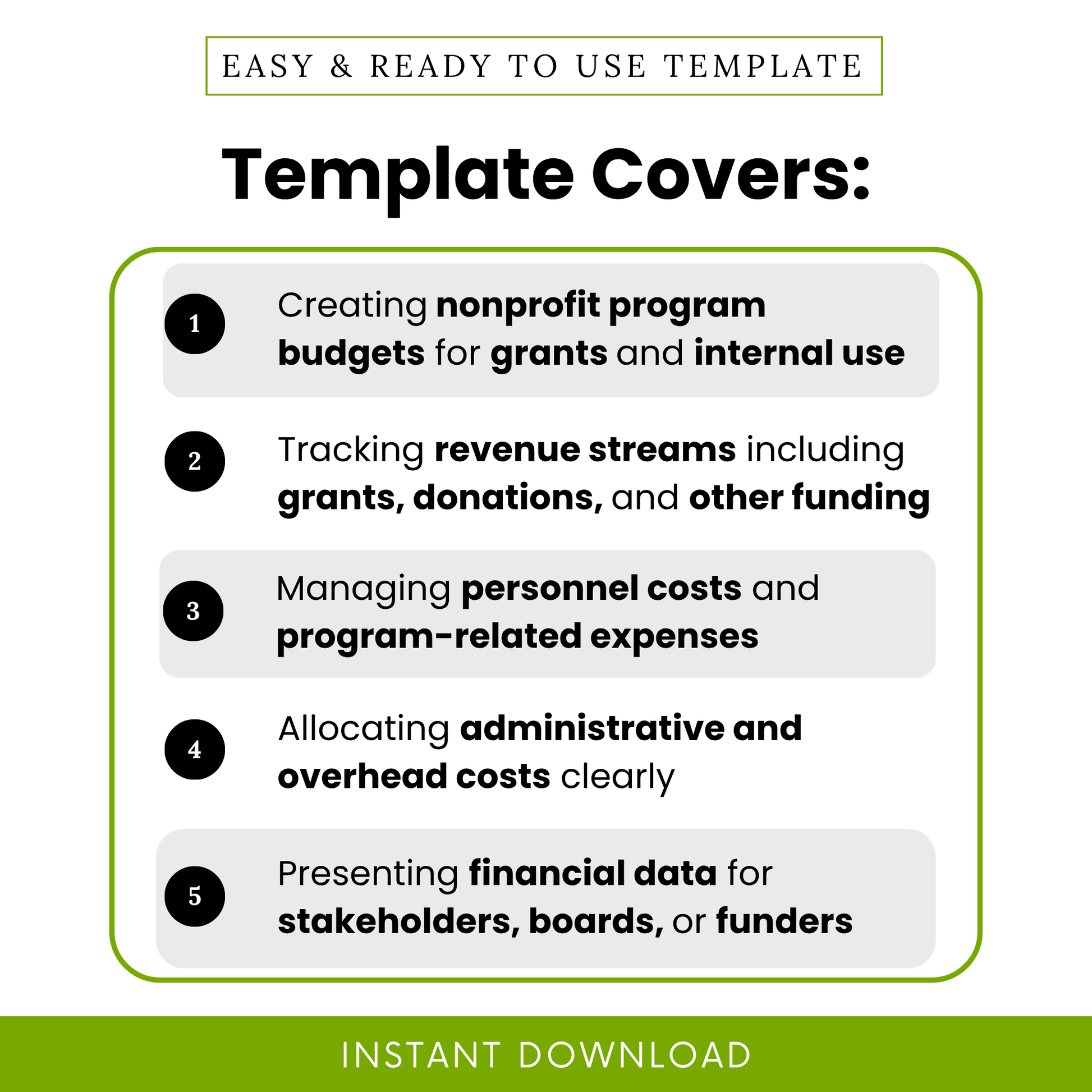 Simple Nonprofit Program Budget Template highlighting key use cases like tracking revenue streams, managing personnel costs, and preparing grant budgets. This editable Program Budget Template PDF helps nonprofits and organizations clearly present financial data for internal planning and funding applications.