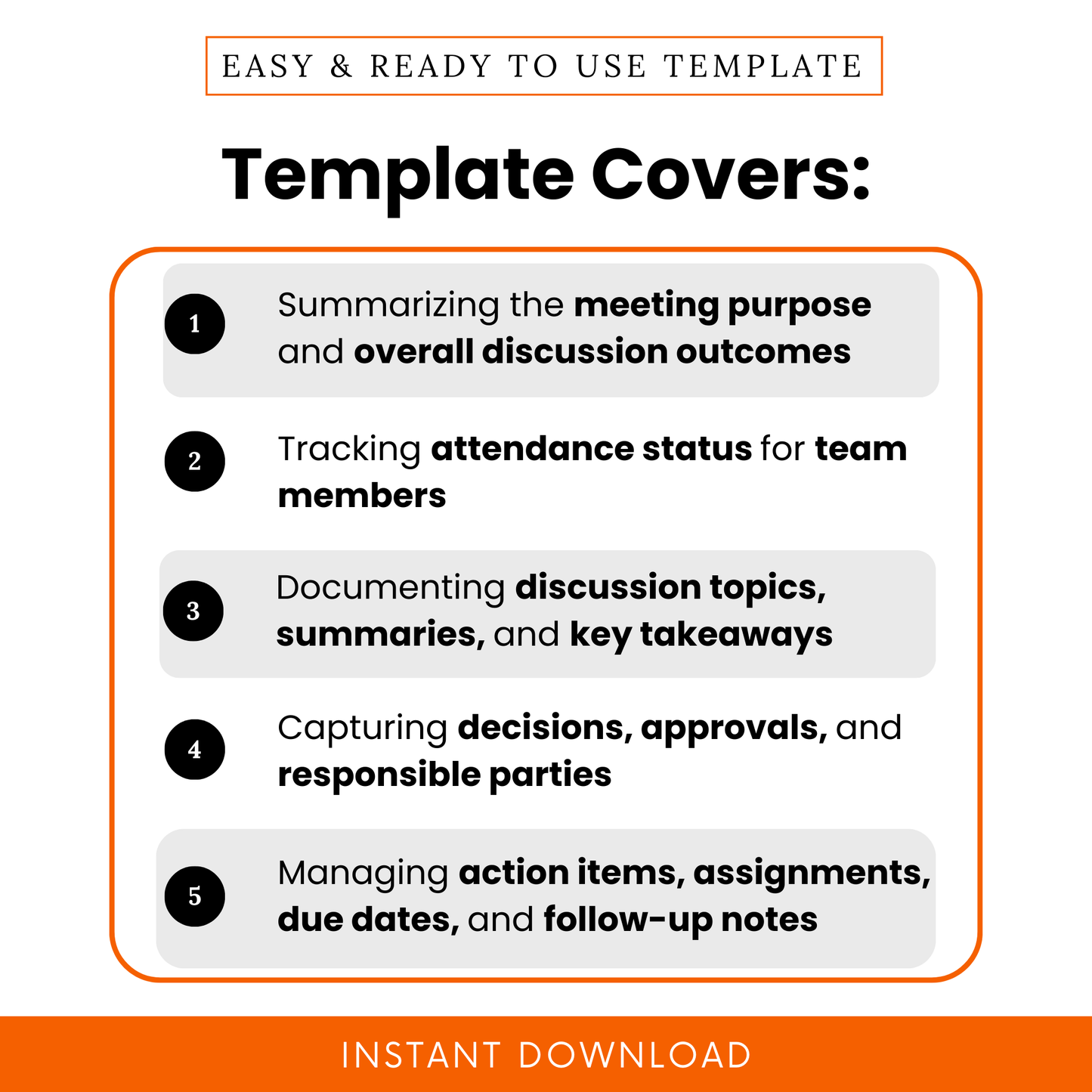 Team meeting minutes template features including meeting purpose summary, attendance tracking, discussion notes, decision tracking, and action item management