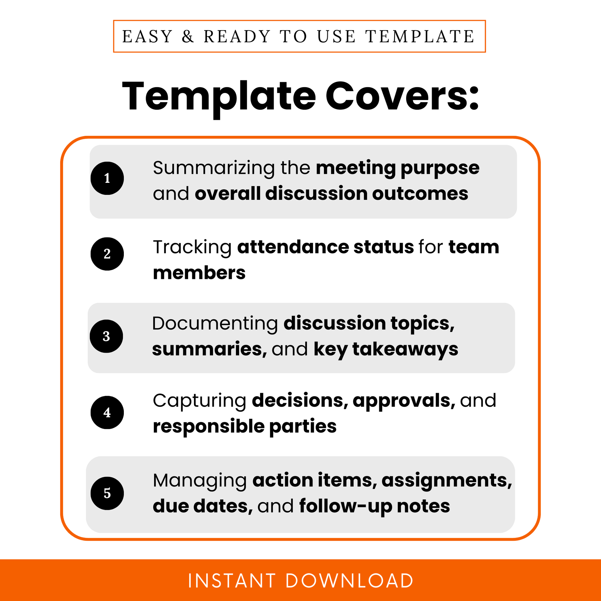 Team meeting minutes template features including meeting purpose summary, attendance tracking, discussion notes, decision tracking, and action item management