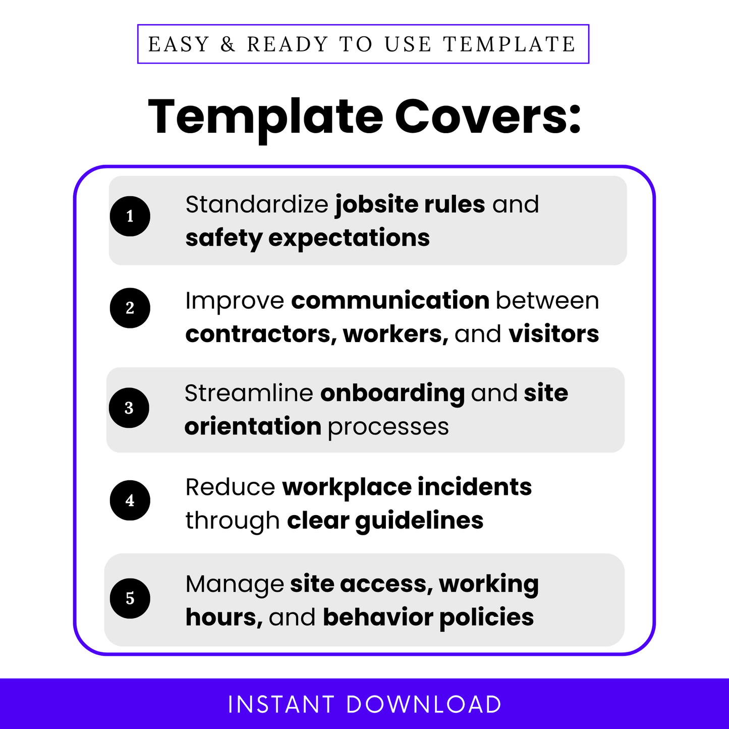 Construction safety template features list showing jobsite rules, safety expectations, contractor communication, onboarding process, and workplace safety guidelines for construction sites