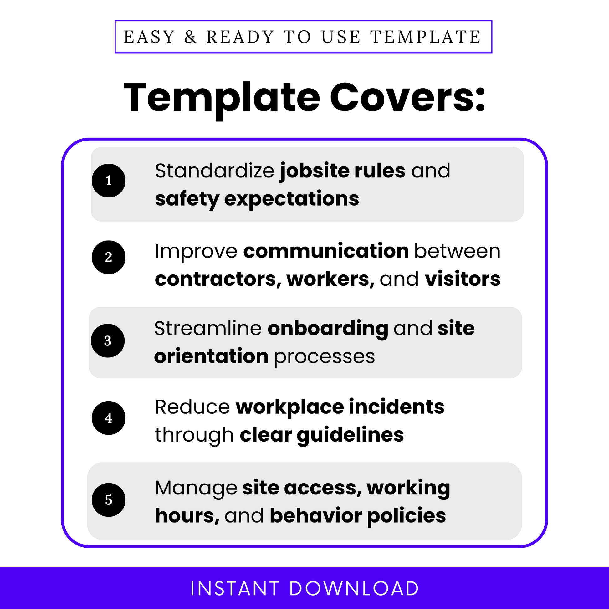Construction safety template features list showing jobsite rules, safety expectations, contractor communication, onboarding process, and workplace safety guidelines for construction sites