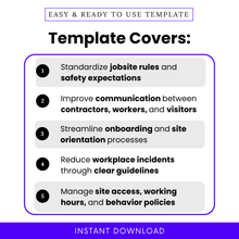 Construction safety template features list showing jobsite rules, safety expectations, contractor communication, onboarding process, and workplace safety guidelines for construction sites