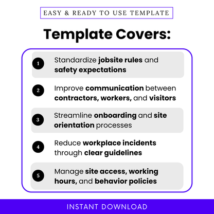 Construction safety template features list showing jobsite rules, safety expectations, contractor communication, onboarding process, and workplace safety guidelines for construction sites
