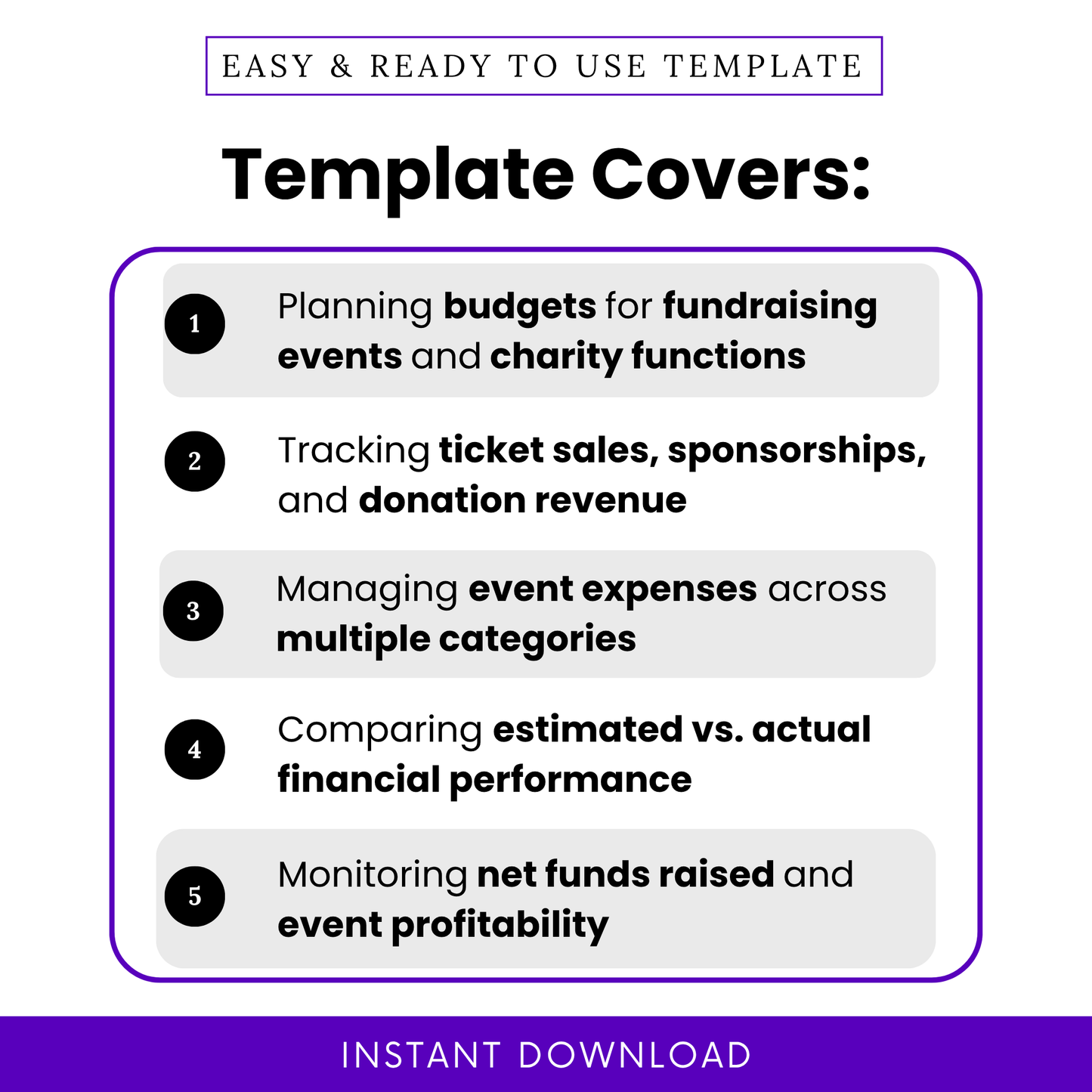 Simple Fundraising Event Budget Template highlighting key uses like tracking ticket sales, sponsorships, and donation revenue. This editable Event Budget Template helps organizers manage expenses and compare estimated vs actual financial performance for successful fundraising events.