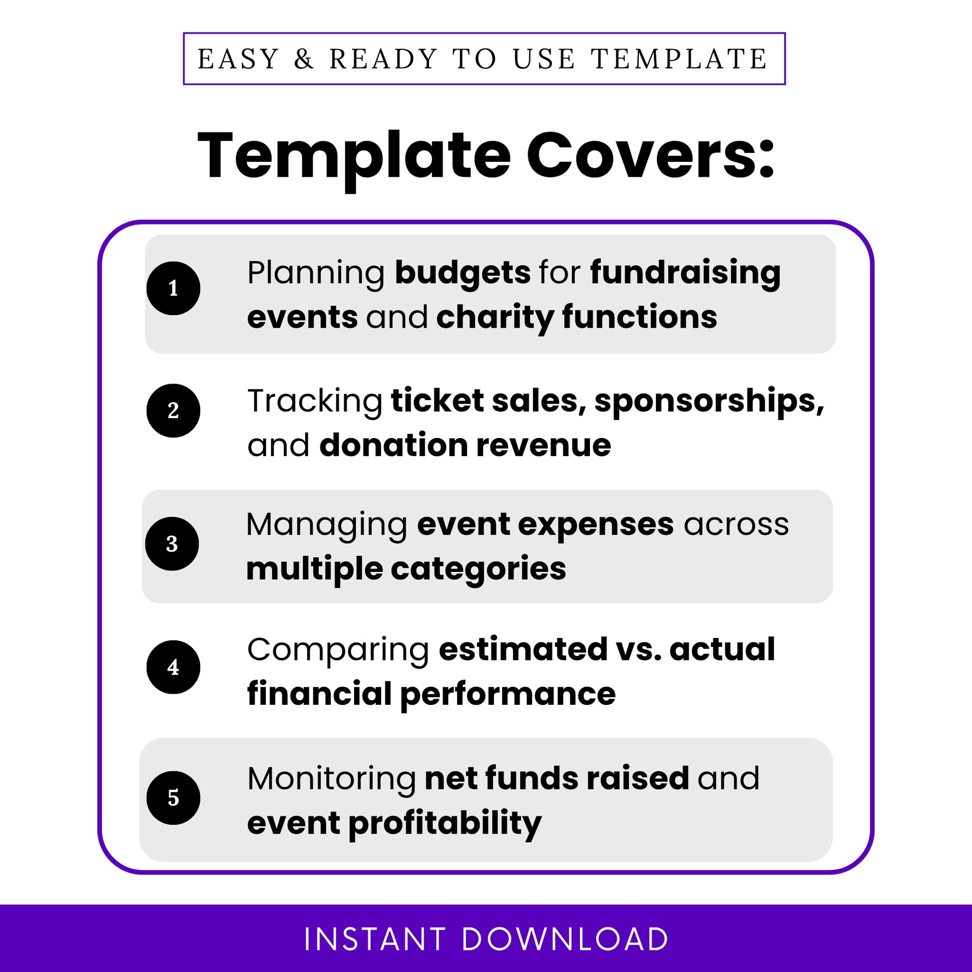 Simple Fundraising Event Budget Template highlighting key uses like tracking ticket sales, sponsorships, and donation revenue. This editable Event Budget Template helps organizers manage expenses and compare estimated vs actual financial performance for successful fundraising events.